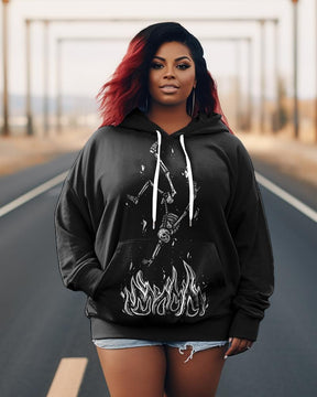 Women's Plus Size Skull Fire Long Sleeve Hoodie