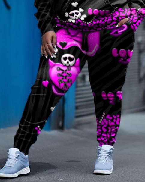 Women's Plus Size Strappy Heart Skull Graffiti Hoodie Set (Two-Pack)