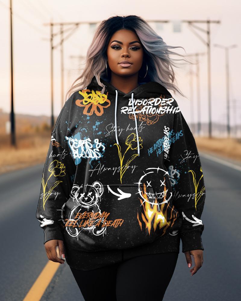 Women's Plus Size Cartoon Graffiti Graphic Long Sleeve Hoodie