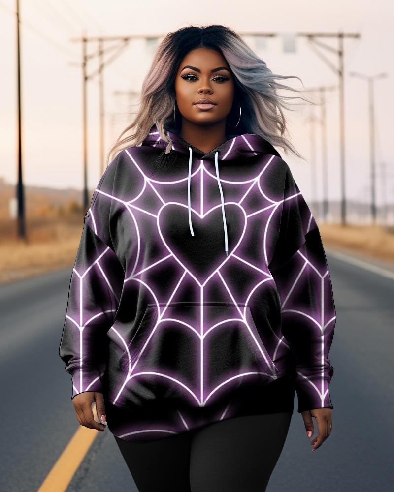 Women's Plus Size Heart Spider Web Long Sleeve Hoodie