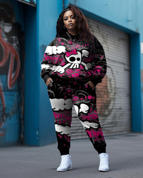 Women's Plus Size Skull Warning Graffiti Hoodie Set (Pack of 2)