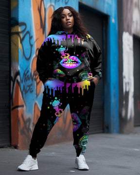 Women's Plus Size Lip Graffiti Sexy Hoodie Set (Pack of Two)