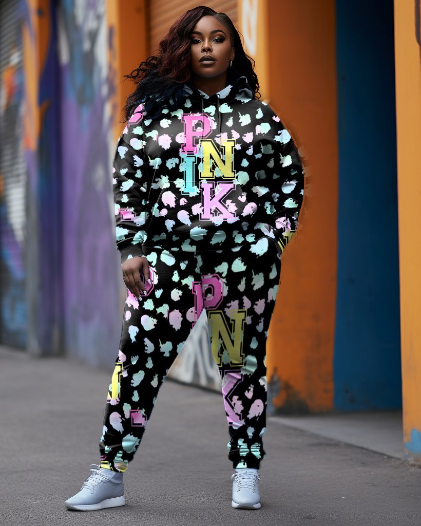 Women's Plus Size Pink Milk Pattern Graffiti Hoodie Set (Two-Pack)