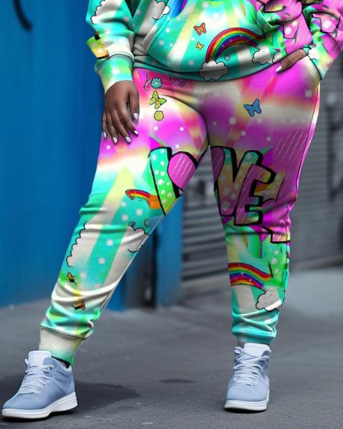 Women's Plus Size Love Rainbow Swoosh Graffiti Hoodie Set (Two-Pack)