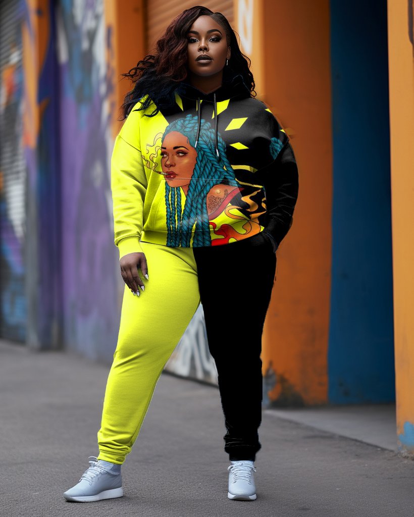 Women's Plus Size Color Block Female Avatar Graffiti Hoodie Set (Pack of 2)