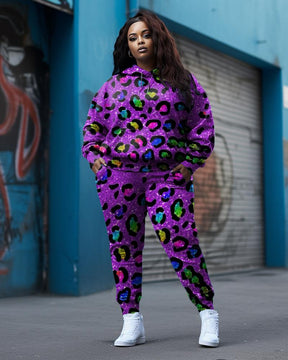 Women's Plus Size Purple Multicolor Leopard Print Hoodie Set (Pack of 2)