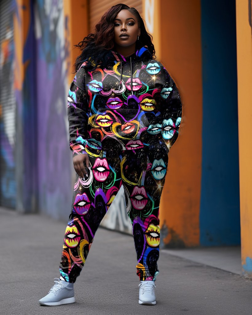 Women's Plus Size Colorful Lips Graffiti Hoodie Set (Pack of 2)