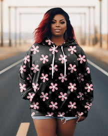 Women's Plus Size Floral Petal Mesh Long Sleeve Hoodie