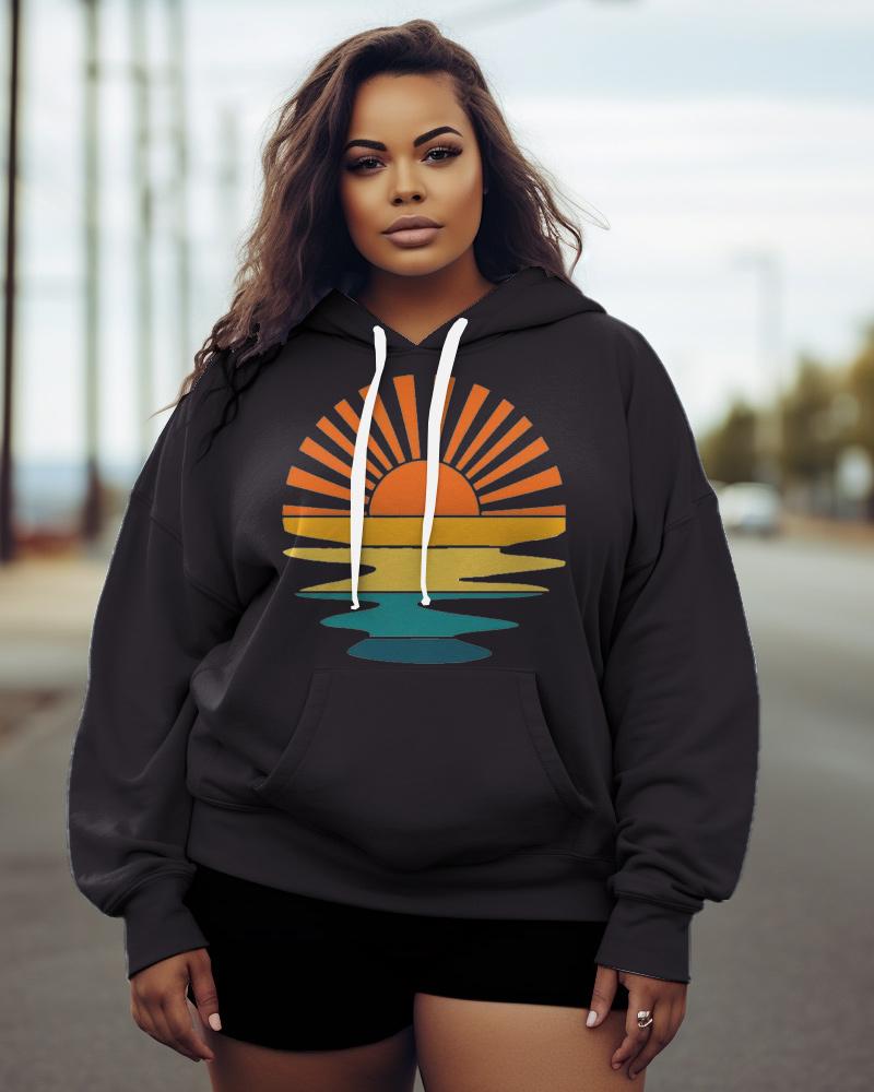 Women's Plus Retro Sunset Rays Wavy Hoodie