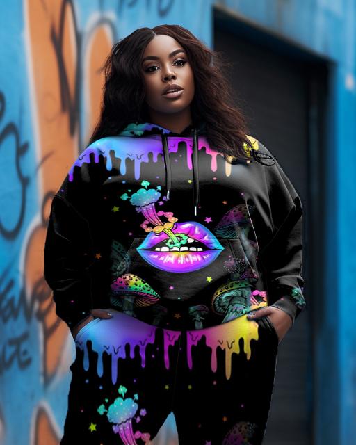 Women's Plus Size Lip Graffiti Sexy Hoodie Set (Pack of Two)