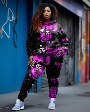 Women's Plus Size Strappy Heart Skull Graffiti Hoodie Set (Two-Pack)