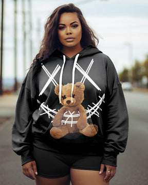 Women's Plus Size Smiley Bear Long Sleeve Hoodie