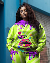 Women's Plus Size Green Sexy Lips Heart Graffiti Hoodie Set (Pack of 2)