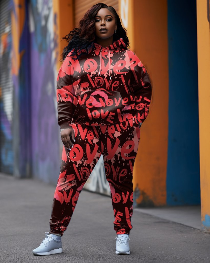 Women's Plus Size LOve Red Graffiti Hoodie Set (Pack of 2)