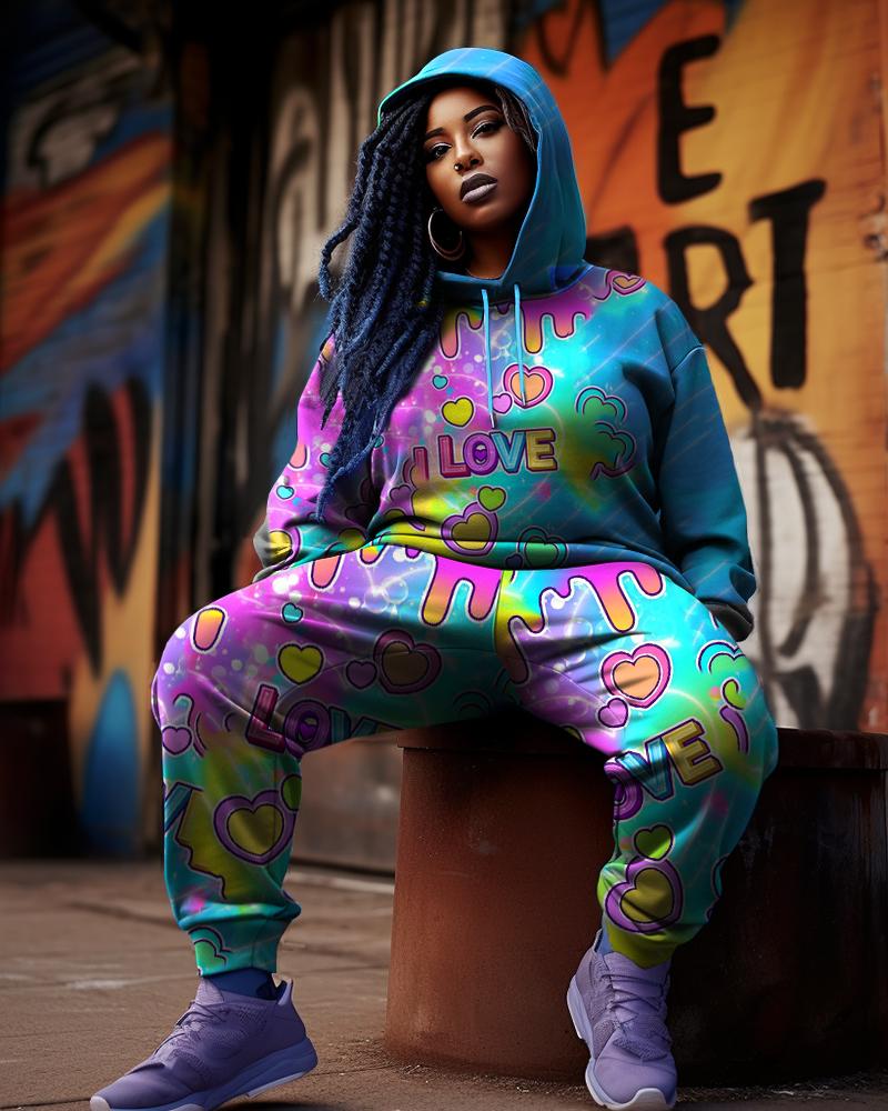 Women's Plus Size Love Graffiti Color Hoodie Set (Pack of 2)