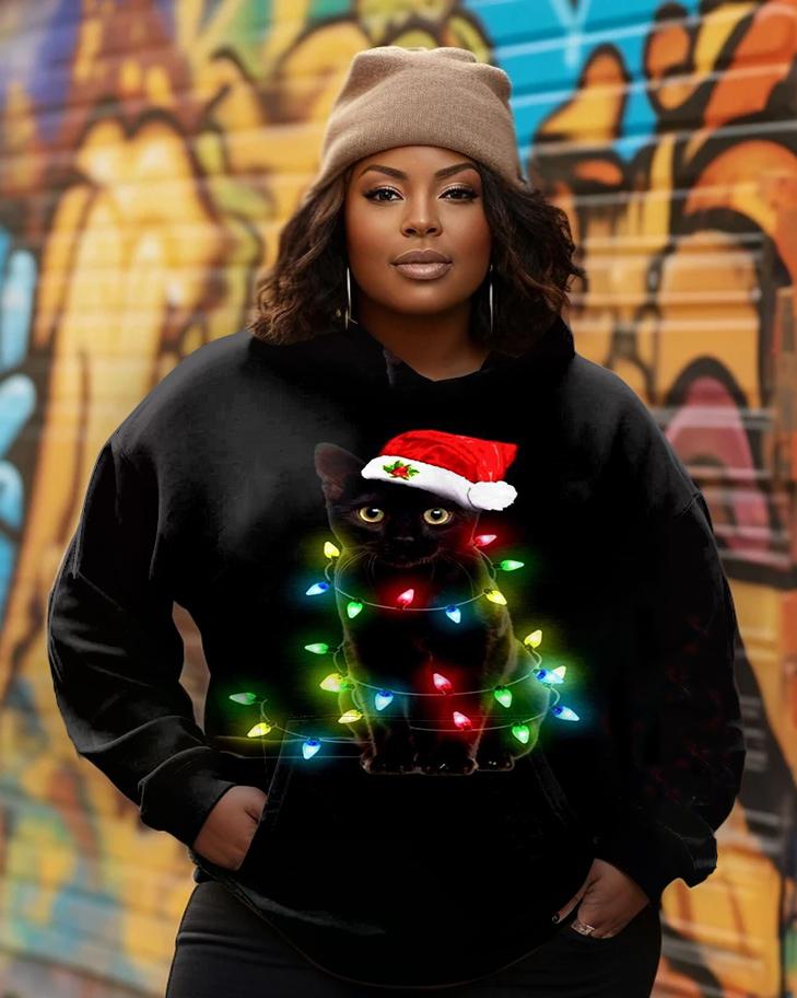 Women's Plus Cat Christmas Lights Long Sleeve Hoodie