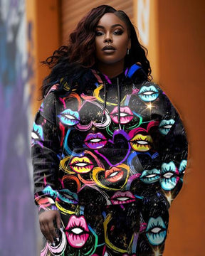 Women's Plus Size Colorful Lips Graffiti Hoodie Set (Pack of 2)