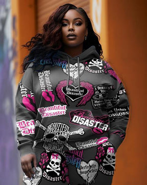 Women's Plus Size Skull Gray Graphic Graffiti Hoodie Set (Pack of 2)