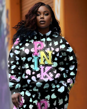 Women's Plus Size Pink Milk Pattern Graffiti Hoodie Set (Two-Pack)