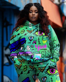 Women's Plus Size Eyes Illustration Green Graffiti Hoodie Set (Two-Pack)