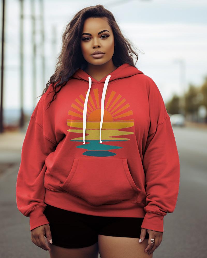 Women's Plus Retro Sunset Rays Wavy Hoodie