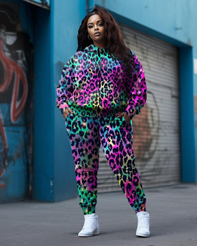 Women's Plus Size Sexy Multicolor Leopard Print Hoodie Set (Pack of Two)