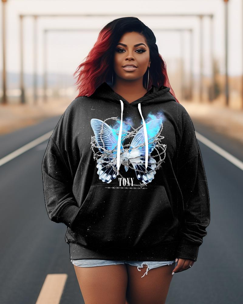 Women's Plus Size Butterfly Chain Long Sleeve Hoodie