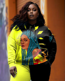 Women's Plus Size Color Block Female Avatar Graffiti Hoodie Set (Pack of 2)