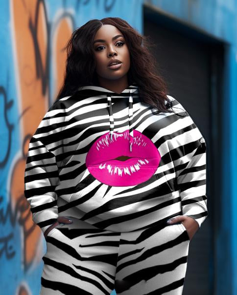 Women's Plus Size Zebra Pink Lips Hoodie Set (Pack of 2)