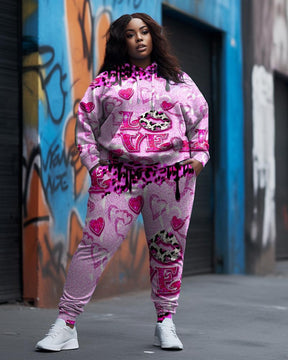 Women's Plus Size Love Leopard Graffiti Hoodie Set (Pack of Two)