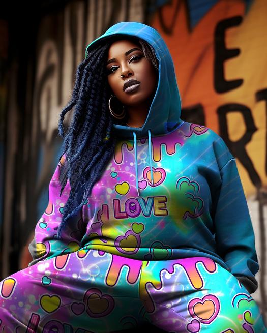 Women's Plus Size Love Graffiti Color Hoodie Set (Pack of 2)