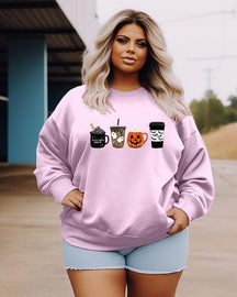 Women's Plus Size Casual Halloween Coffee and Pumpkin Sweatshirt