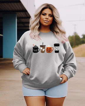 Women's Plus Size Casual Halloween Coffee and Pumpkin Sweatshirt