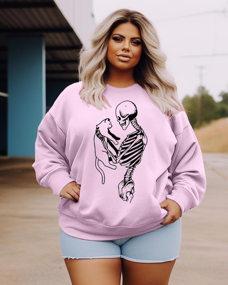 Women's Plus Size Casual Skeleton And Cat Sweatshirt