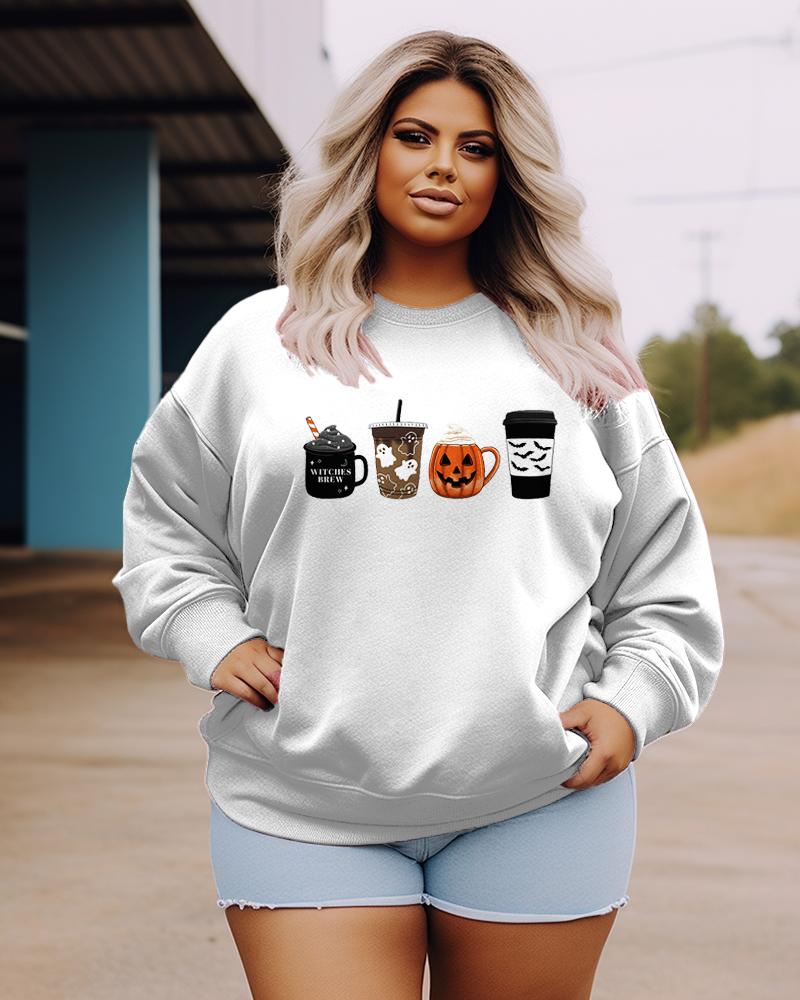 Women's Plus Size Casual Halloween Coffee and Pumpkin Sweatshirt