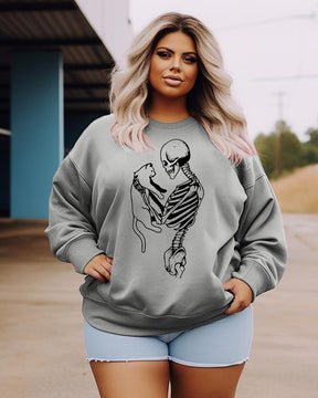 Women's Plus Size Casual Skeleton And Cat Sweatshirt